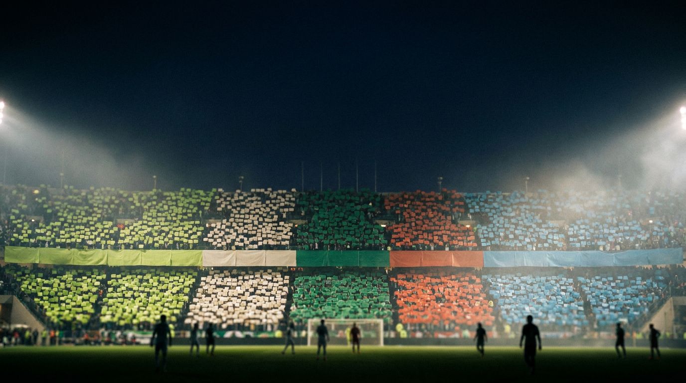 A night stadium where fans hold up lime, white, green, orange and blue cards to form one picture